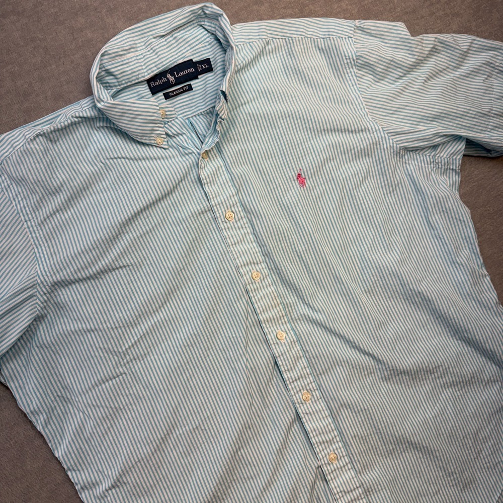 VTG Ralph Lauren Shirt Mens XL Teal Blue Striped Classic‎ Fit Button Down Pony